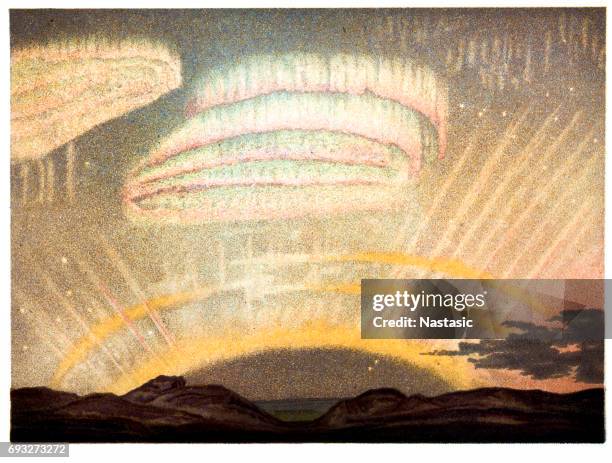 northern light with arc, rays and drapery - aurora borealis stock illustrations