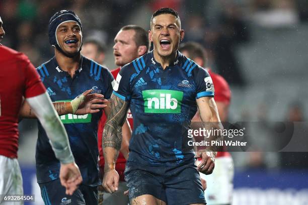 Sonny Bill Williams of the Blues celebrates his try during the match between the Auckland Blues and the British & Irish Lions at Eden Park on June 7,...
