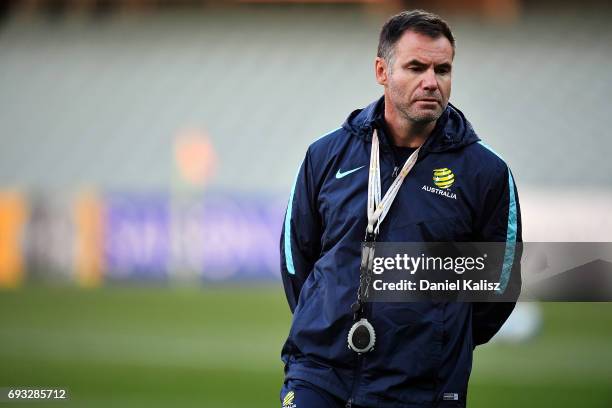 Ante Milicic, assistant coach of Australia looks on during the Australian Socceroos training session at the Adelaide Oval on June 7, 2017 in...