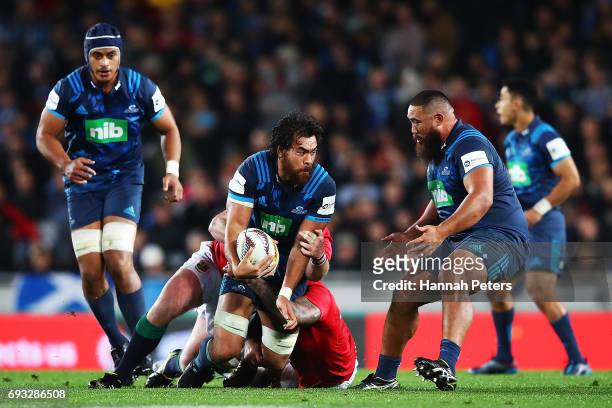 Steven Luatua of the Blues charges forward during the match between the Auckland Blues and the British & Irish Lions at Eden Park on June 7, 2017 in...