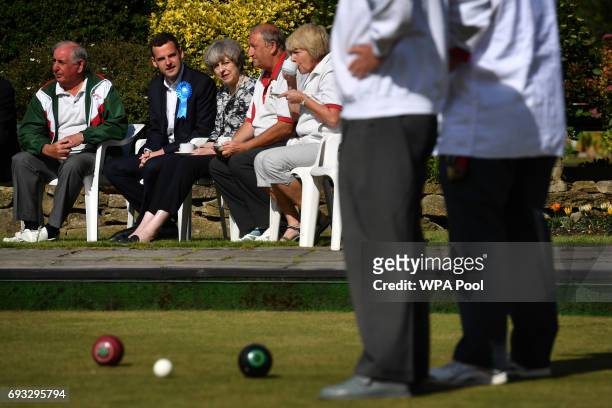 Britain's Prime Minister Theresa May visits Atherley Bowling Club during an election campaign visit on June 7, 2017 in Southampton, England. Britain...