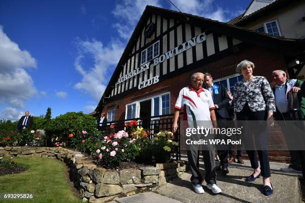 Britain's Prime Minister Theresa May visits Atherley Bowling Club during an election campaign visit on June 7, 2017 in Southampton, England. Britain...