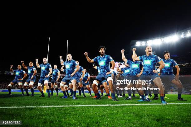 The Blues perform a pre-match haka, He Toa Takitini during the match between the Auckland Blues and the British & Irish Lions at Eden Park on June 7,...