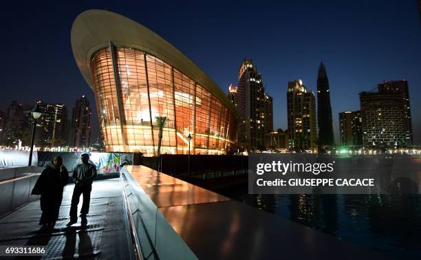 Picture taken on June 6, 2017 shows a general view of the exterior of the Dubai Opera in downtown Dubai, in the United Arab Emirates. / AFP PHOTO /...