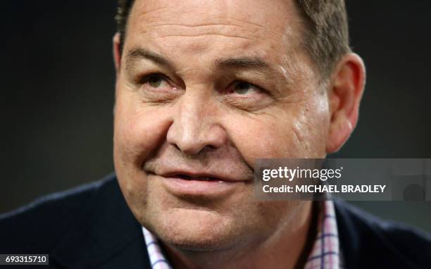 New Zealand All Blacks head coach Steve Hansen looks on during the rugby union match between The British and Irish Lions and Auckland Blues at Eden...