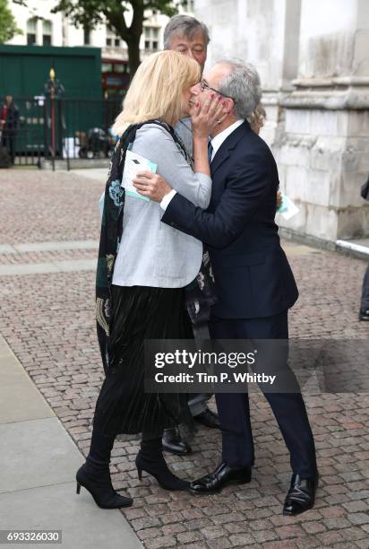 Joanna Lumley greets Ben Elton at a memorial service for comedian Ronnie Corbett at Westminster Abbey on June 7, 2017 in London, England. Corbett...