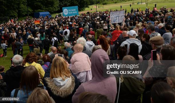 Britain's main opposition Labour Party leader Jeremy Corbyn speaks during a campaign rally in Halton, north-west England, on June 7 on the eve of the...