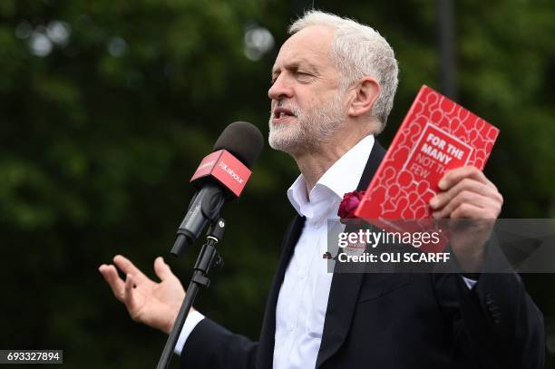 Britain's main opposition Labour Party leader Jeremy Corbyn speaks at a campaign rally in Halton, north-west England, on June 7 on the eve of the...