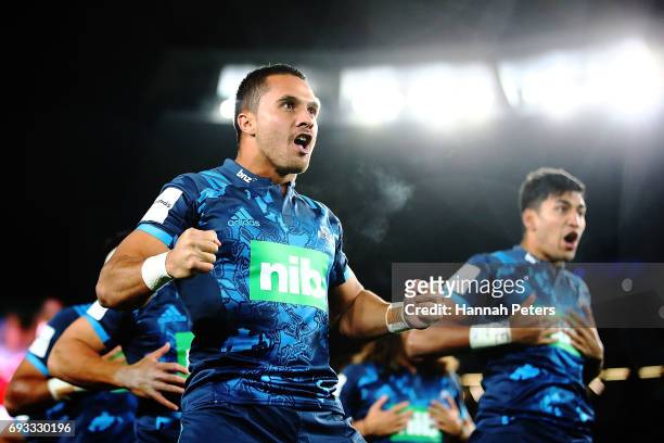 Sam Nock of the Blues performs a pre-match haka, He Toa Takitini during the match between the Auckland Blues and the British & Irish Lions at Eden...