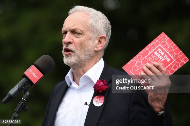 Britain's main opposition Labour Party leader Jeremy Corbyn speaks at a campaign rally in Halton, north-west England, on June 7 on the eve of the...