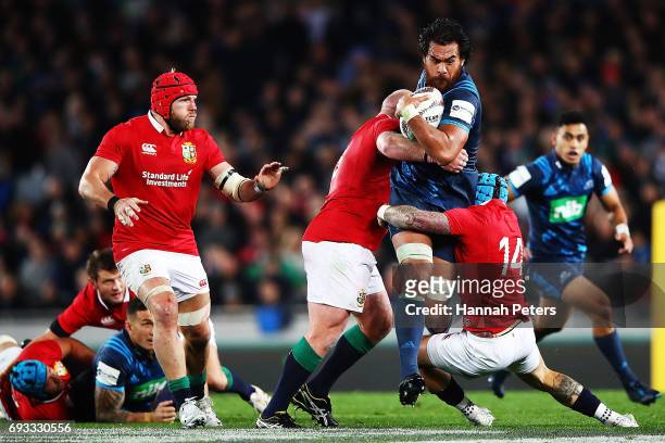 Steven Luatua of the Blues charges forward during the match between the Auckland Blues and the British & Irish Lions at Eden Park on June 7, 2017 in...