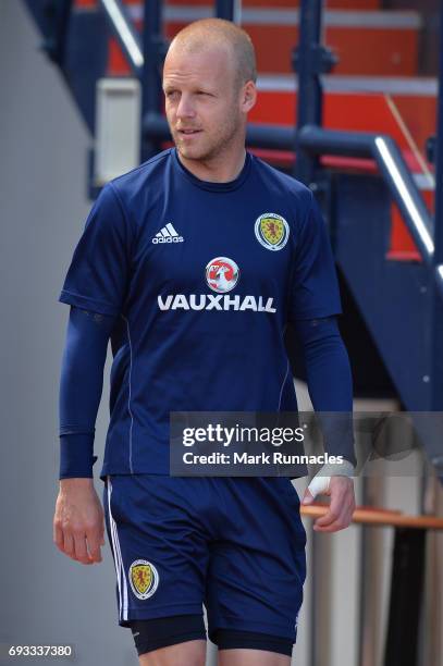 Steven Naismith of Scotland walks out onto the pitch during the Scotland training session at Hampden Park on June 7, 2017 in Glasgow, Scotland.