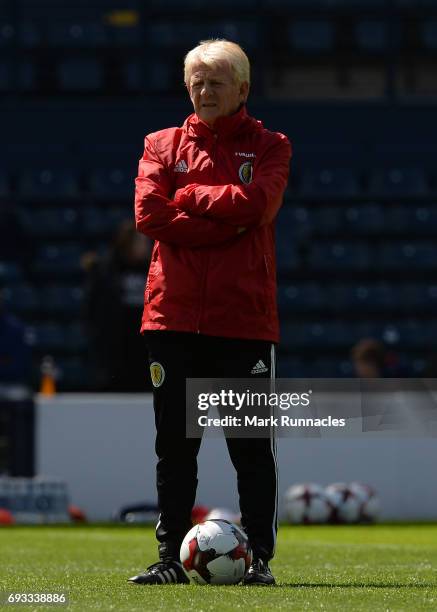 Gordon Strachan the manager of Scotland looks on during the Scotland training session at Hampden Park on June 7, 2017 in Glasgow, Scotland.