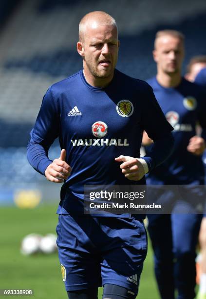 Steven Naismith of Scotland warms up during the Scotland training session at Hampden Park on June 7, 2017 in Glasgow, Scotland.