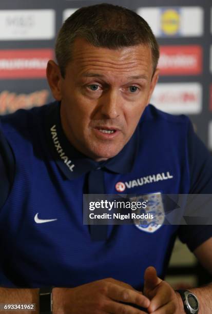 Aidy Boothroyd, head coach of England U21 speaks to the media during the England U21 press conference at St Georges Park on June 7, 2017 in...