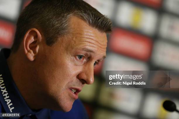 Aidy Boothroyd, head coach of England U21 speaks to the media during the England U21 press conference at St Georges Park on June 7, 2017 in...