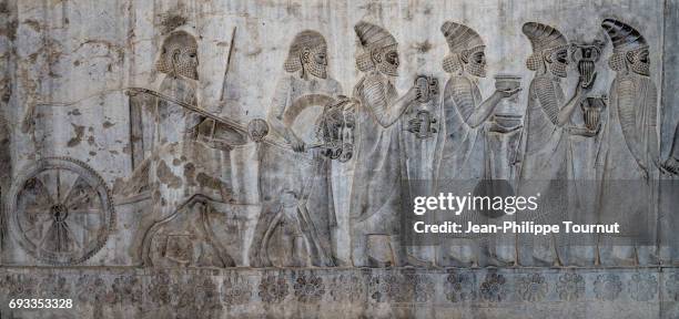 bas-relief from the apadana depicting armenians bringing their famous wine to the king,  ancient city of persepolis, shiraz, fars province, iran - persian stock pictures, royalty-free photos & images