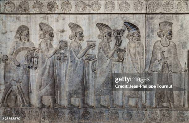 bas-relief from the apadana depicting armenians bringing their famous wine to the king,  ancient city of persepolis, shiraz, fars province, iran - cultura persiana foto e immagini stock