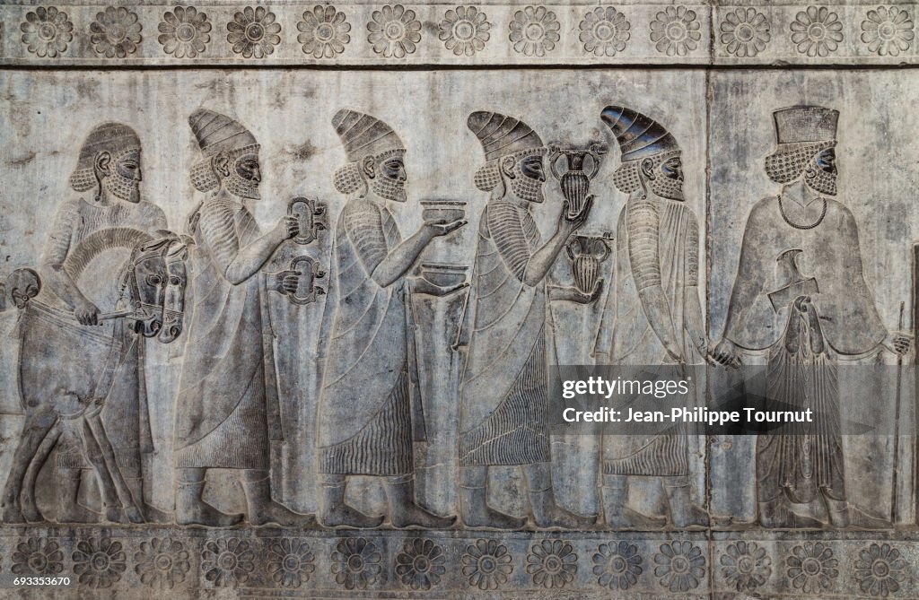 Bas-relief from the Apadana depicting Armenians bringing their famous wine to the king, Ancient City of Persepolis, Shiraz, Fars Province, Iran