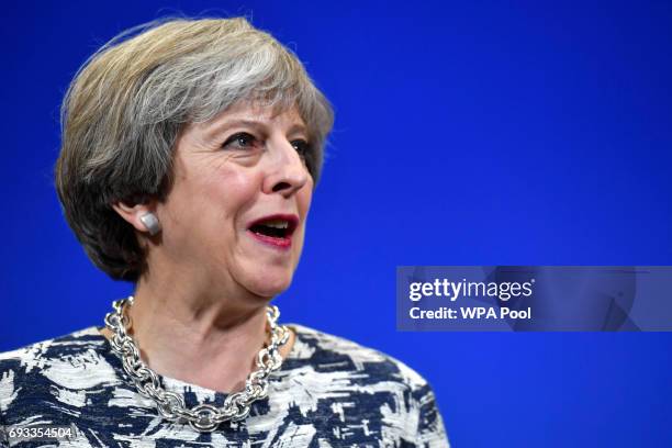 British Prime Minister Theresa May speaks during a Conservative Party general election campaign visit at The Space on June 7, 2017 in Norwich, United...