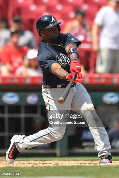 Adonis Garcia of the Atlanta Braves bats against the Cincinnati Reds at Great American Ball Park on June 4, 2017 in Cincinnati, Ohio.