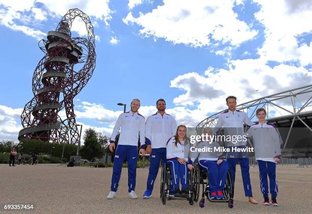 Jonnie Peacock, Aled Davies, Hannah Cockroft, Jo Butterfield, Richard Whitehead and Sopie Hahn pose during the announcement of the british athletics...