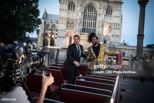 James Corden and Reggie Watts behind the scenes of filming the title sequence for "The Late Late Show with James Corden," airing the first week of...