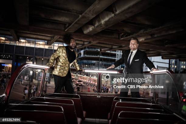 James Corden and Reggie Watts behind the scenes of filming the title sequence for "The Late Late Show with James Corden," airing the first week of...