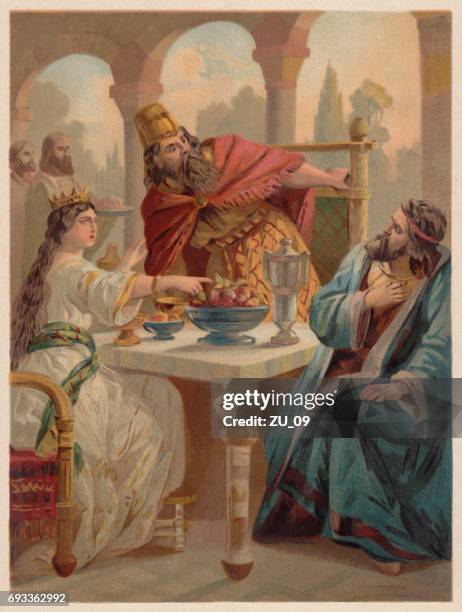 queen esther accuses haman before king ahasuerus, chromolithograph, published 1886 - bible stock illustrations