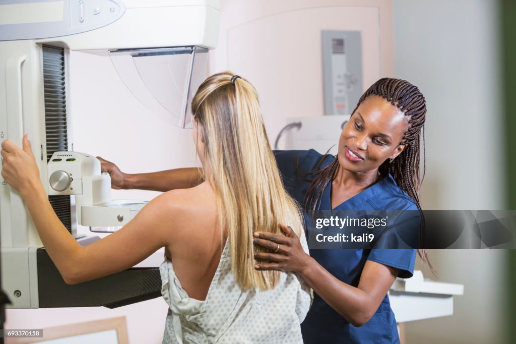 Woman getting mammogram