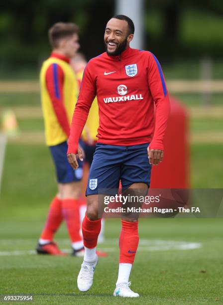 Nathan Redmond of England U21 looks on during the England U21 training session at St Georges Park on June 7, 2017 in Burton-upon-Trent, England.