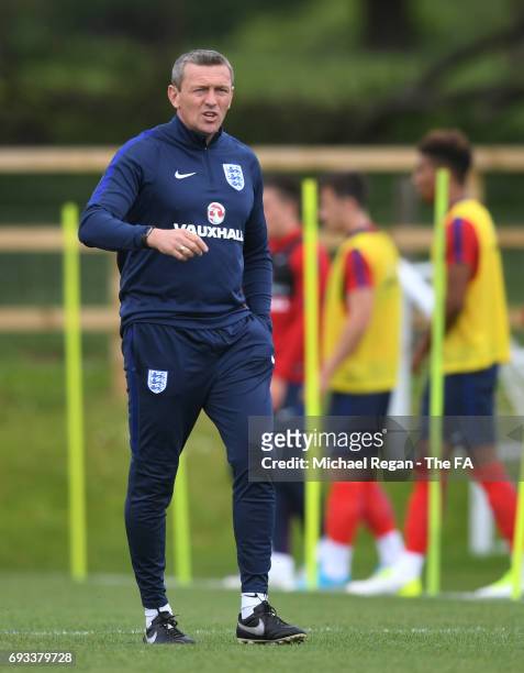 Aidy Boothroyd the manager of England U21 looks on during the England U21 training session at St Georges Park on June 7, 2017 in Burton-upon-Trent,...