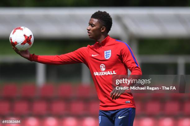 Demarai Gray of England U21 looks on during the England U21 training session at St Georges Park on June 7, 2017 in Burton-upon-Trent, England.