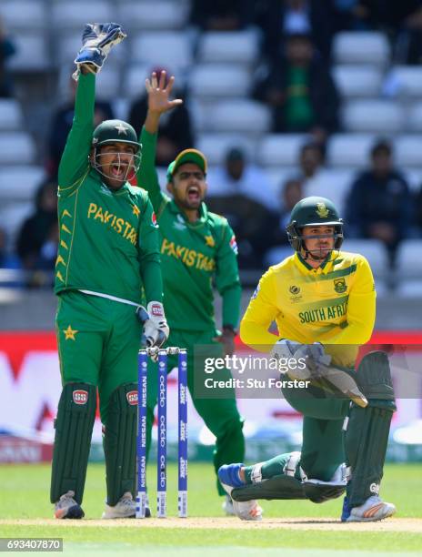 South Africa batsman Quinton de Kock is LBW as wicketkeeper Sarfraz Ahmed appeals during the ICC Champions Trophy match between South Africa and...