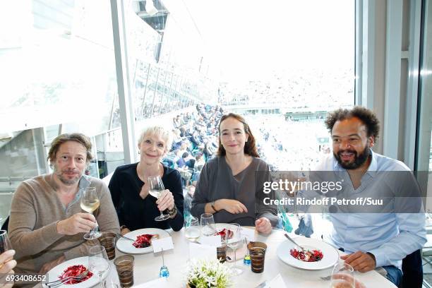 Actors Mathieu Amalric, Tonie Marshall, President of France Television, Delphine Ernotte and actor Fabrice Eboue celebrate Fabrice's Birthday as they...