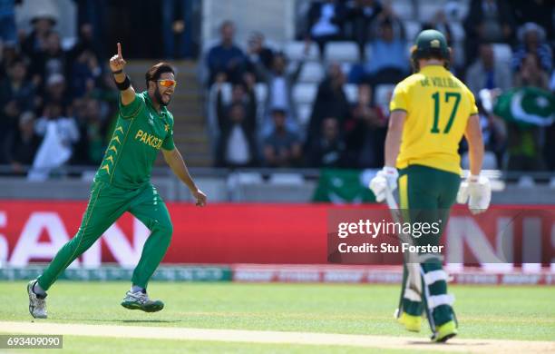 South Africa batsman AB de Villiers is dismissed by a celebrating Imad Wasim for 0 during the ICC Champions Trophy match between South Africa and...