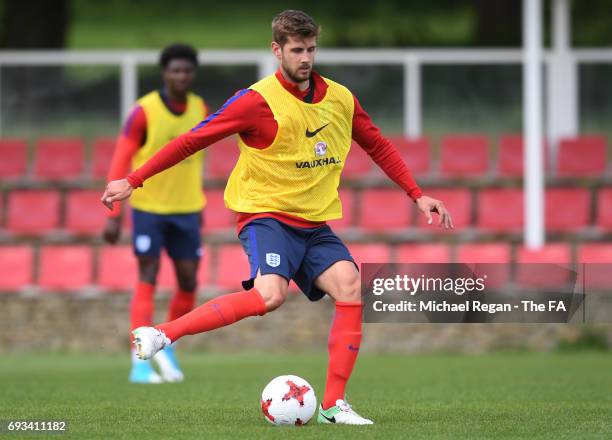 Jack Stephens of England U21 passes the ball during the England U21 training session at St Georges Park on June 7, 2017 in Burton-upon-Trent, England.