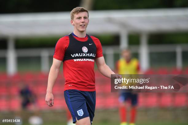 Matt Targett of England U21 looks on during the England U21 training session at St Georges Park on June 7, 2017 in Burton-upon-Trent, England.