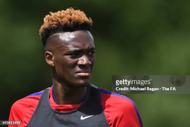 Tammy Abraham of England U21 looks on during the England U21 training session at St Georges Park on June 7, 2017 in Burton-upon-Trent, England.