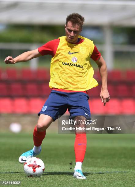 Cauley Woodrow of England U21 controls the ball during the England U21 training session at St Georges Park on June 7, 2017 in Burton-upon-Trent,...