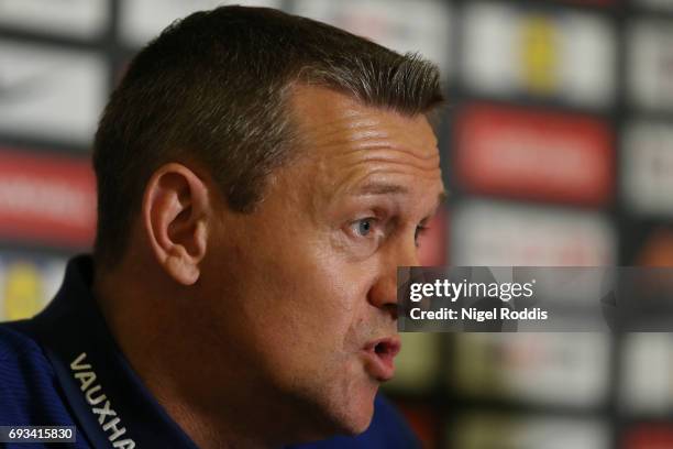 Aidy Boothroyd, head coach of England U21 speaks to the media during the England U21 press conference at St Georges Park on June 7, 2017 in...