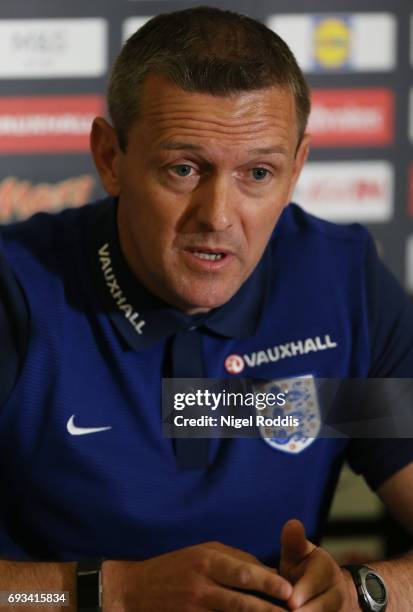 Aidy Boothroyd, head coach of England U21 speaks to the media during the England U21 press conference at St Georges Park on June 7, 2017 in...