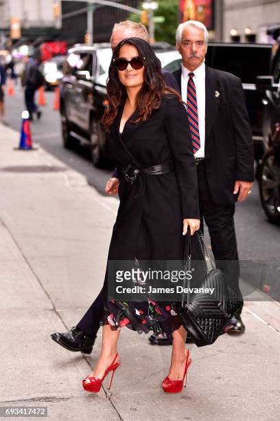Salma Hayek arrives to the 'The Late Show With Stephen Colbert' at the Ed Sullivan Theater on June 5, 2017 in New York City.