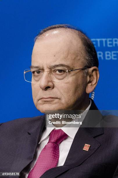 Arun Jaitley, India's finance minister, pauses during a Bloomberg Television interview at the Organisation for Economic Co-operation and Development...