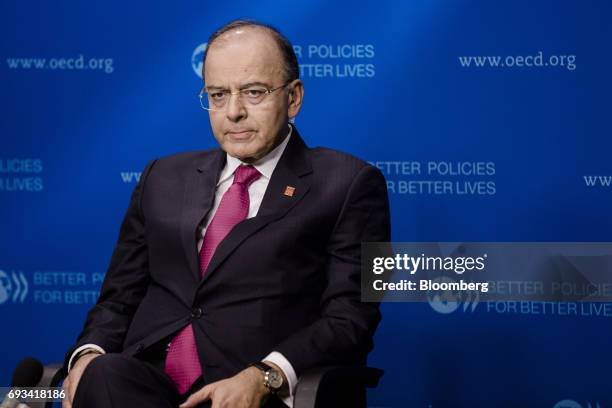 Arun Jaitley, India's finance minister, pauses during a Bloomberg Television interview at the Organisation for Economic Co-operation and Development...