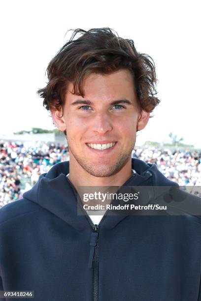 Austrian Tennis player Dominic Thiem poses, after his victory against Djokovic, at France Television french chanel studio during the 2017 French...