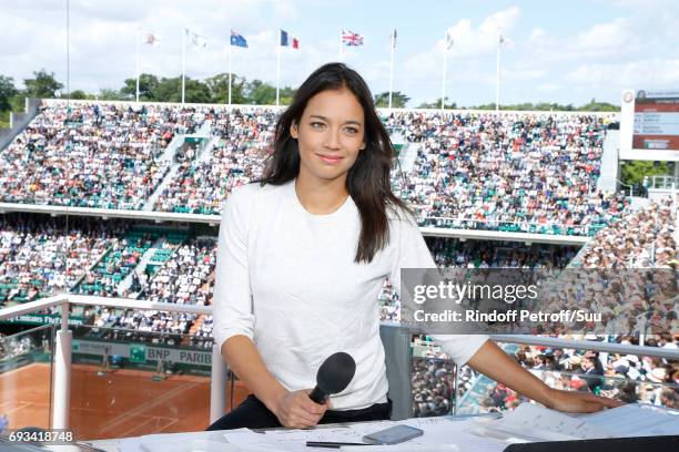 Consultant of 'France Television', Alize Lim poses at France Television french chanel studio during the 2017 French Tennis Open - Day Eleven at...