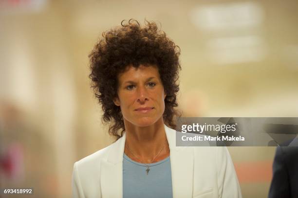 Bill Cosby accuser Andrea Constand arrives at the Montgomery County Courthouse on the third day of Cosby's sexual assault trial June 7, 2017 in...