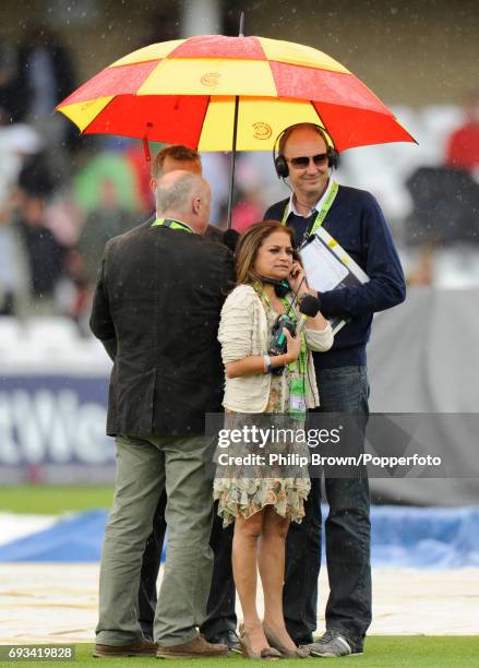 Cricket correspondent Jonathan Agnew with Test Match assistant producer Shilpa Patel, Vic Marks and Alec Stewart during a rain delay at Trent Bridge...