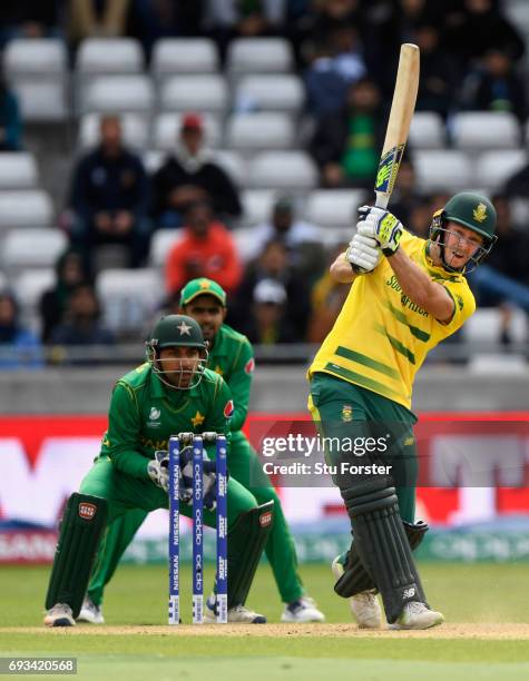 South Africa batsman David Miller hits a six during the ICC Champions Trophy match between South Africa and Pakistan at Edgbaston on June 7, 2017 in...